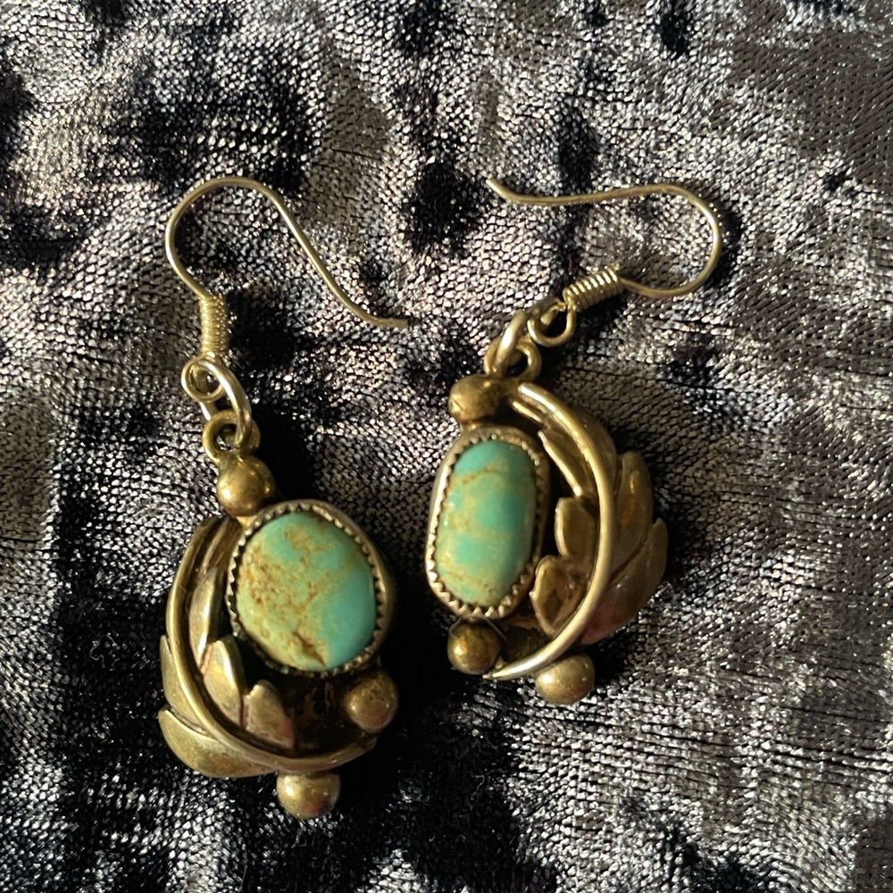 Native old pawn feather turquoise earrings - Picture 2 of 6